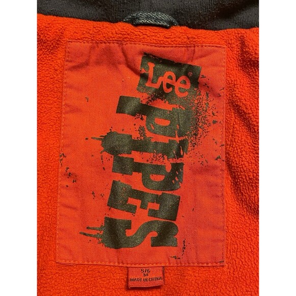 Jean Denim Jacket Boys M 5/6 LEE Pipes Hooded Fleece Lined Warm Coat Patches Y2K - Picture 2 of 16